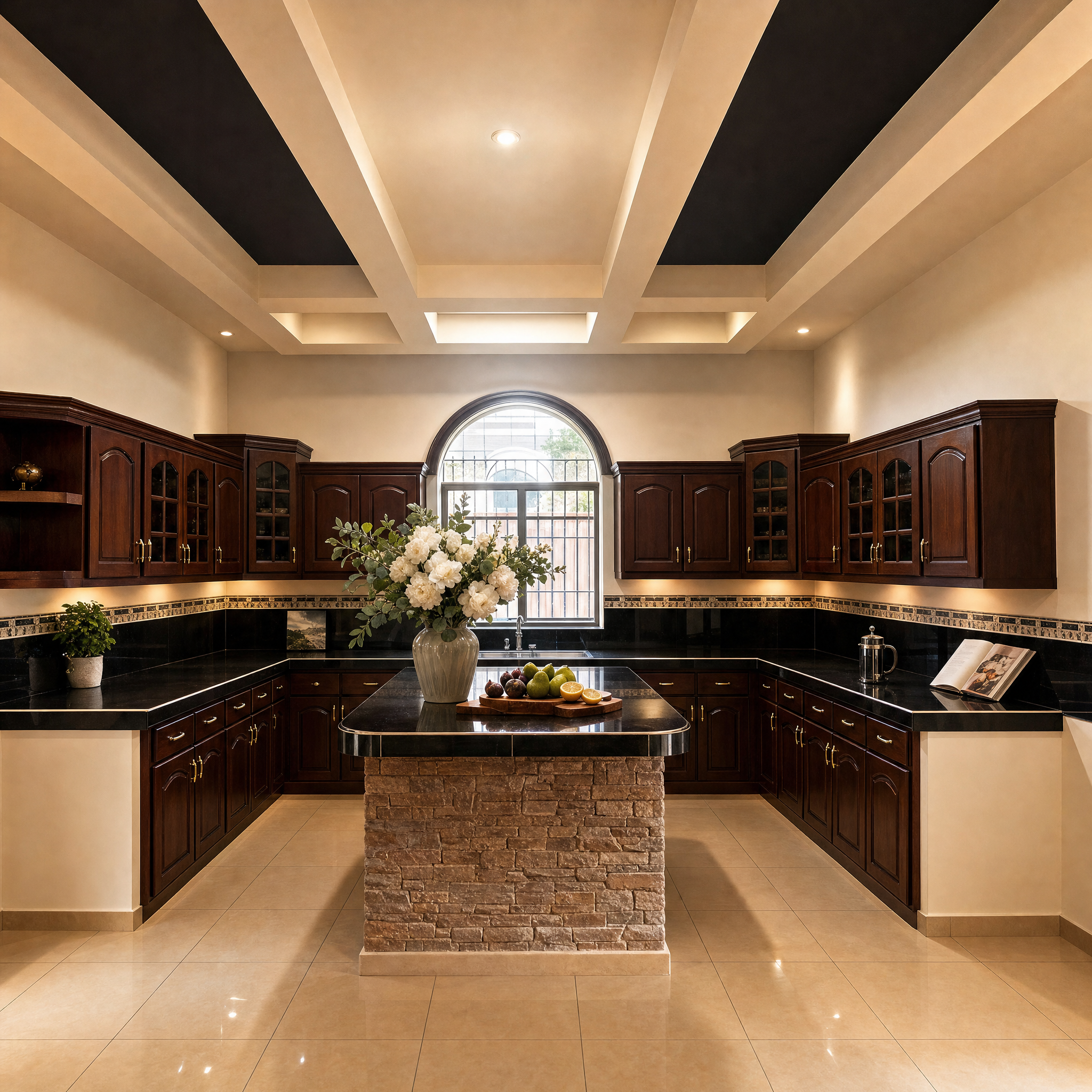 Cocina gourmet con isla de piedra y gabinetes de caoba